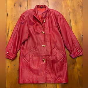 Jacqueline Ferrar Genuine Leather Vintage Red Coat with Gold Buttons Size Medium